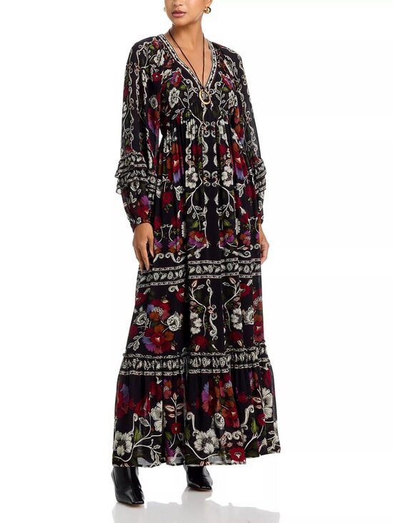 FARM Rio Dresses & Skirts - FARM Rio Rococo Flowers Maxi Goth Boho Ruffle V Neck Blouson Sleeve Floral Dress